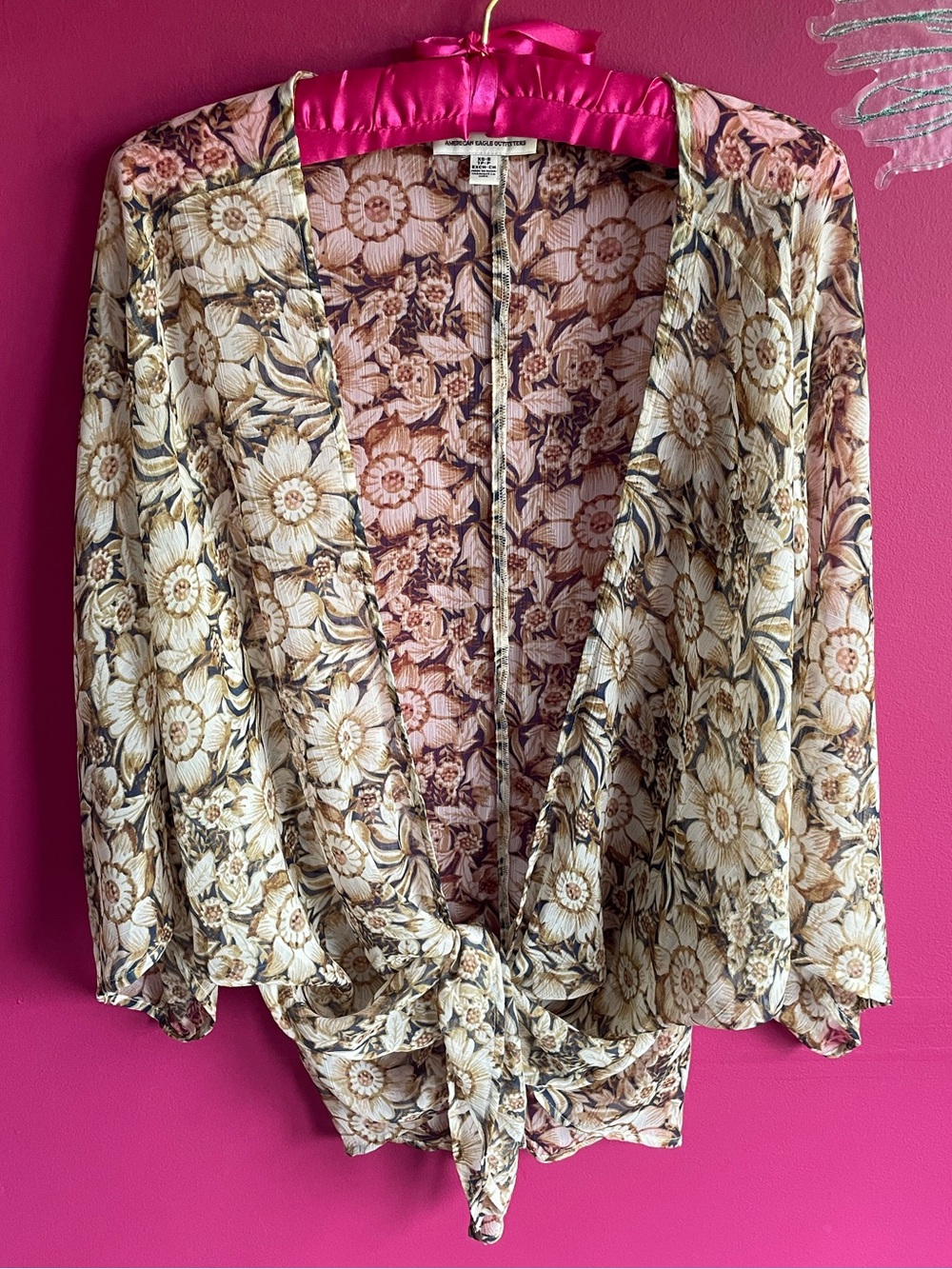 American Eagle Outfitters Floral Tie-Front Blouse in Cream and Brown